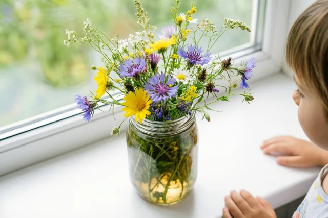 Een kind zit op een witte vensterbank en kijkt naar een glazen pot met gele, paarse en witte veldbloemen tegen een onscherpe groene achtergrond.