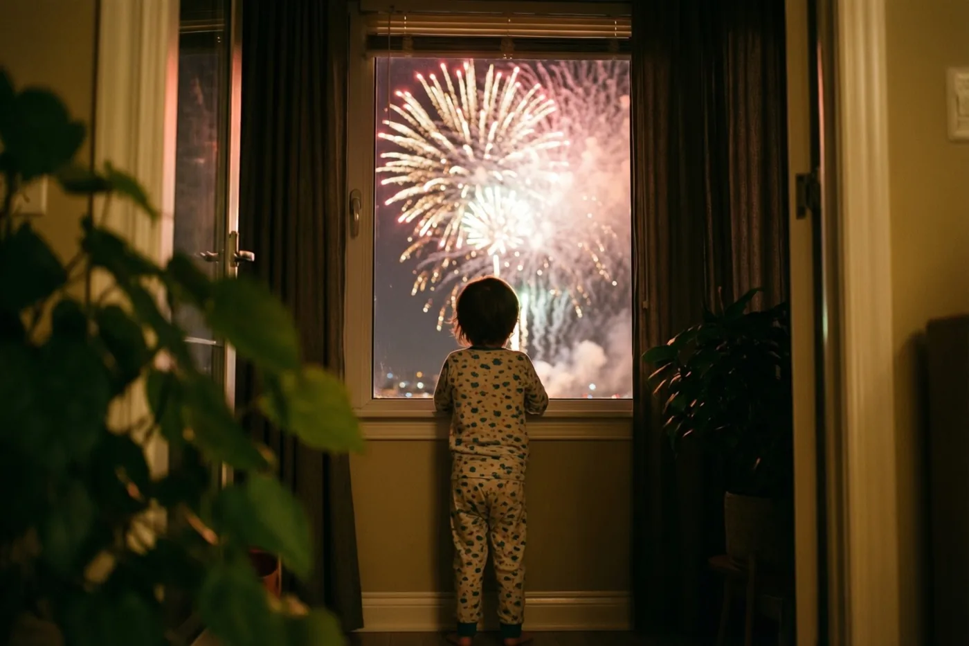 Een klein kind in een pyjama met motief staat blootsvoets met de rug naar de camera aan een raam tussen gordijnen en kamerplanten, met fel vuurwerk in de nachtlucht.