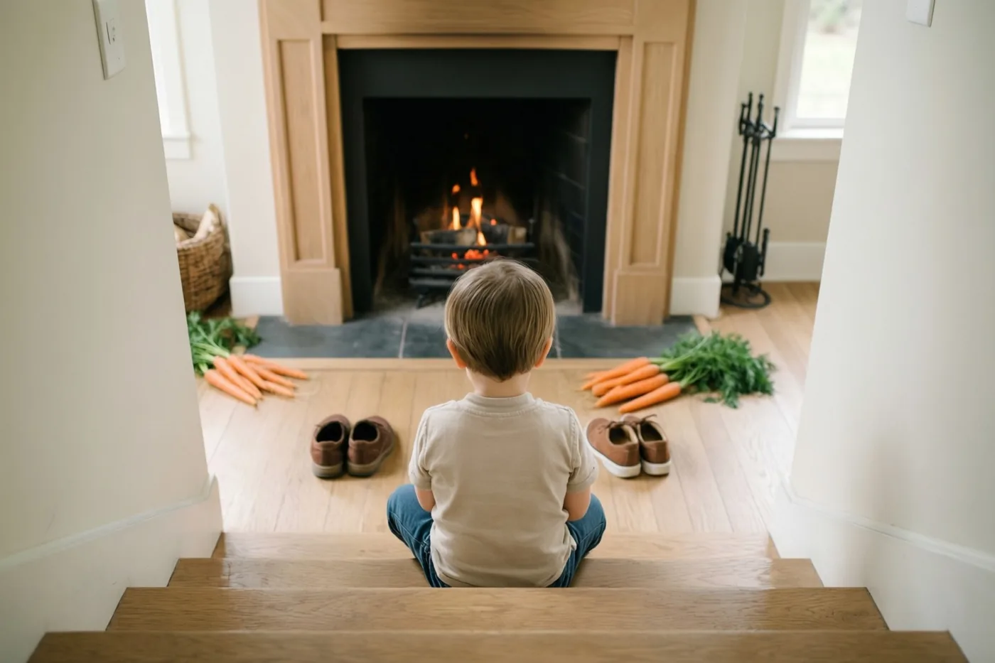 Een jong kind zit op een houten trap tegenover een brandende haard in een kamer met lichte houten vloer en beige muren, met twee paar schoenen en bossen wortels bij de haard.