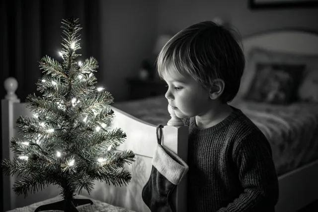 Een zwart-witfoto toont een jong kind dat 's nachts in een slaapkamer naar een klein verlicht kerstboompje kijkt.
