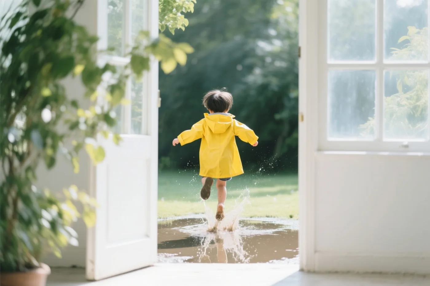 Een kind in een felgele regenjas springt met de rug naar de kijker in een plas bij een witte deuropening in een groene tuin.