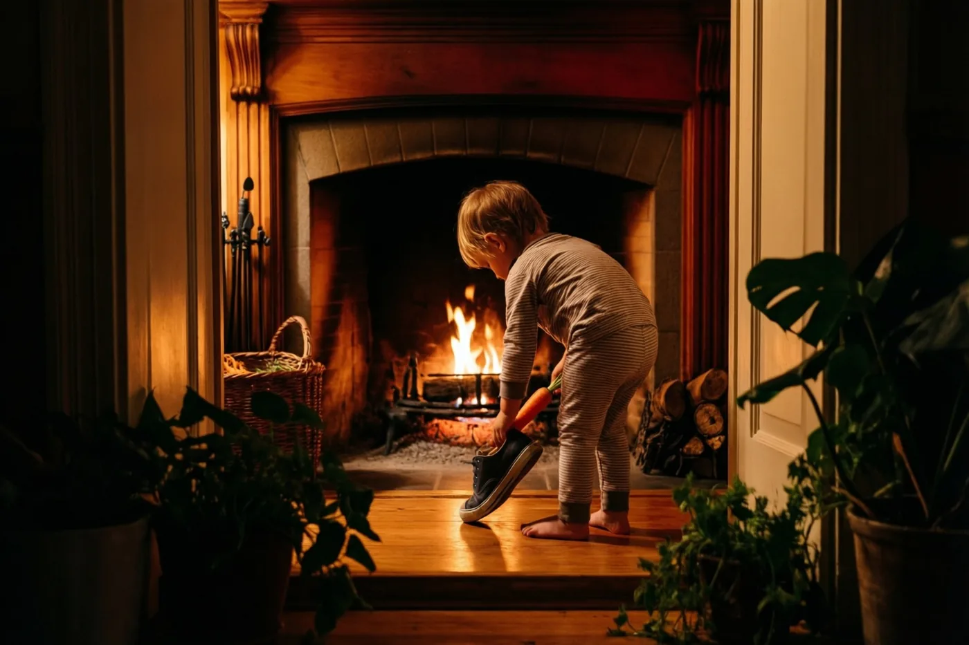 Een klein kind in een gestreepte pyjama staat op blote voeten bij een brandende haard en zet een schoen met een wortel op de haardplaat, met een houten schouw en potplanten in beeld.