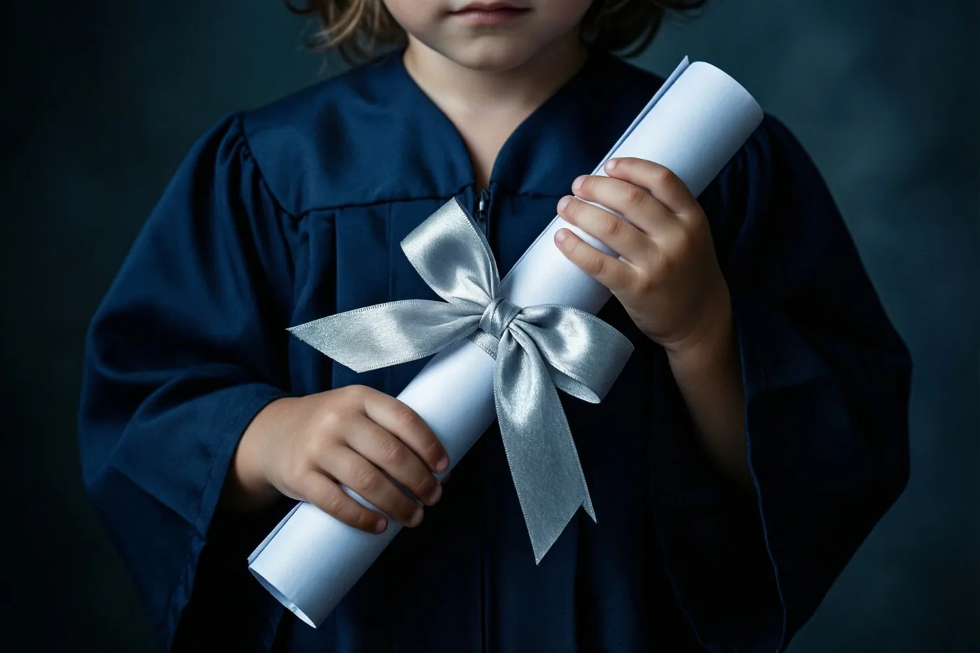 Een klein kind in een donkerblauwe afstudeertoga houdt een opgerold diploma met een grote zilveren strik vast tegen een donkere achtergrond.