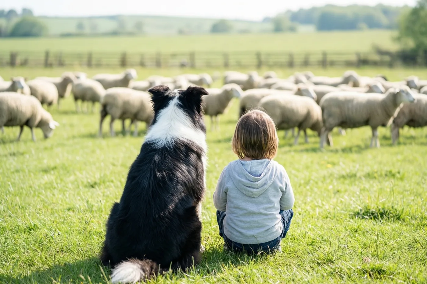 Een zwart-witte herdershond en een klein kind zitten met hun rug naar de camera naast elkaar in zonnig groen gras en kijken naar schapen, met onscherpe heuvels en bomen op de achtergrond.