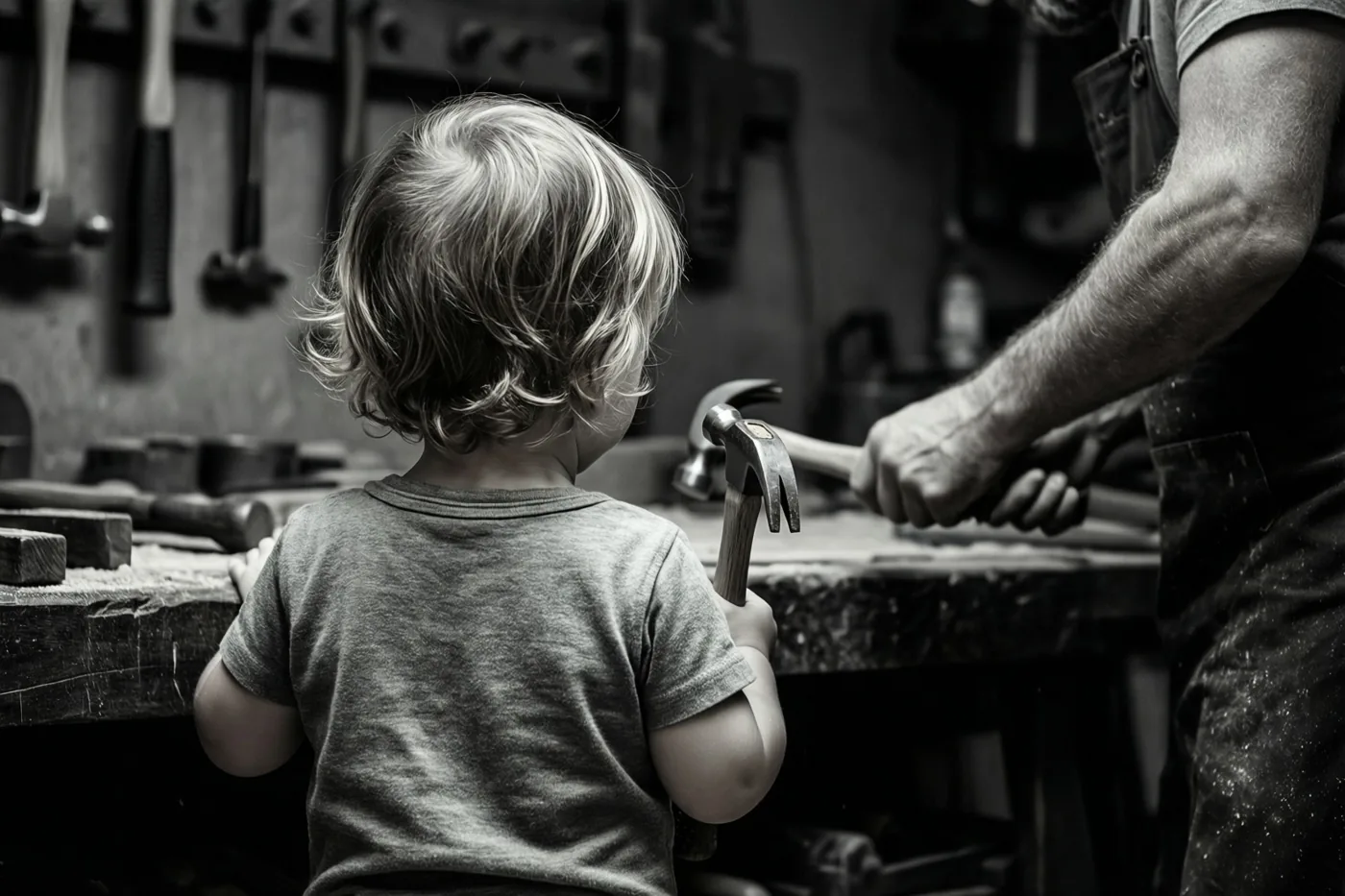 Een kind met licht haar staat van achteren gezien met een speelgoedhamer aan een werkbank naast een man met een echte hamer, met gereedschap aan de muur.