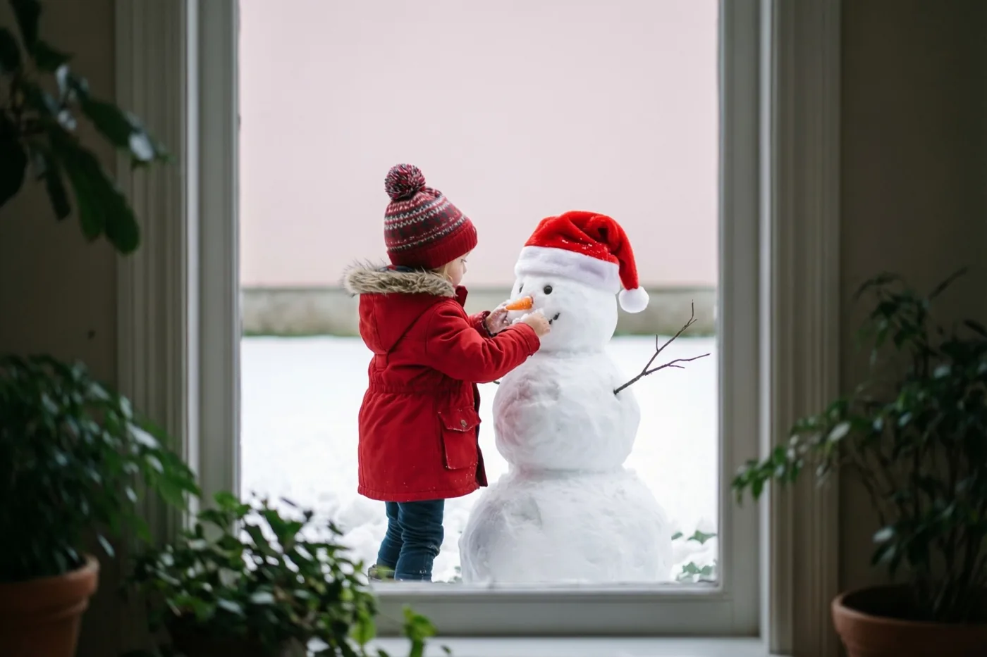 Door een raam met potplanten aan weerszijden is een kind van achteren te zien dat in een rode jas en pomponmuts een wortelneus op een sneeuwman met kerstmuts zet.