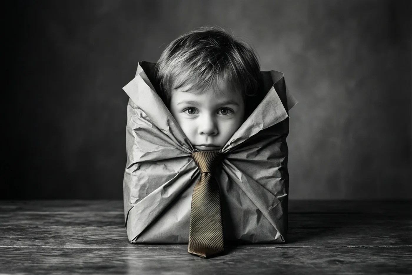 Een jong kind gluurt uit een slordig ingepakt cadeau met een das in de strik, op een houten ondergrond in een monochroom beeld met de das in sepiatint.