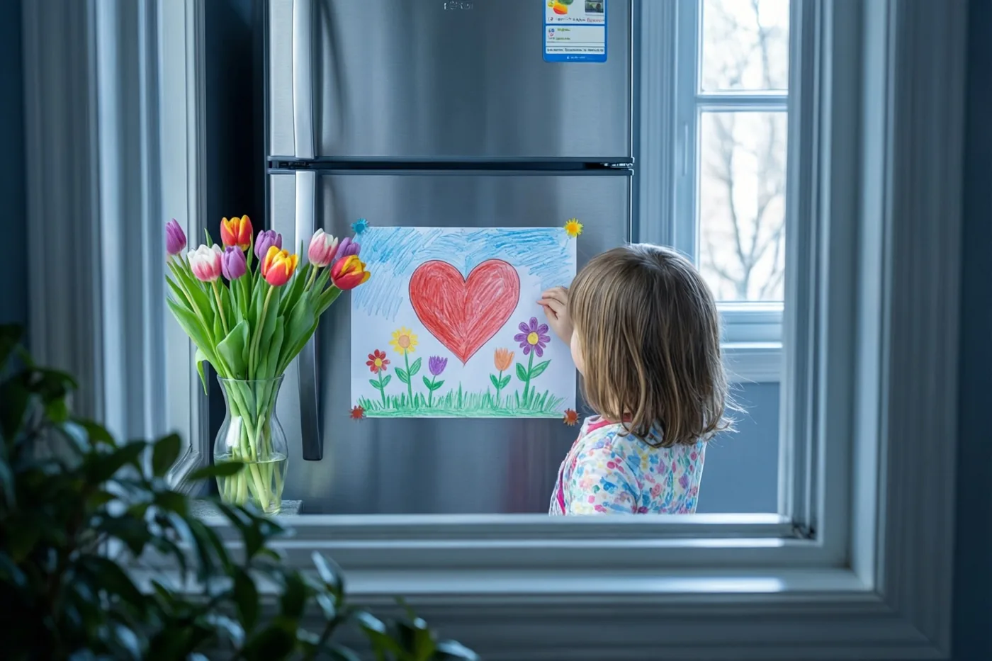 Een jong kind hangt van op de rug gezien een tekening met een groot rood hart en bloemen aan een roestvrijstalen koelkast naast een raam met een vaas tulpen op de vensterbank.
