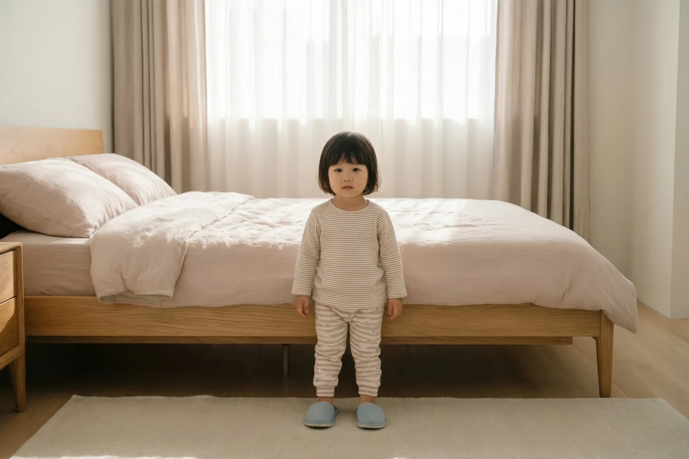 Een jong kind in een gestreepte pyjama en lichtblauwe pantoffels staat in een zonnige slaapkamer met een houten bed, roze beddengoed en doorschijnende gordijnen.