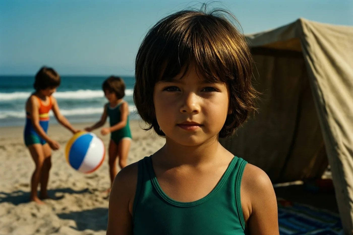 Een jong kind in groene zwemkleding kijkt op een zonnig strand naar de camera, terwijl twee andere kinderen achteraan met een gestreepte strandbal spelen naast een canvas windscherm.