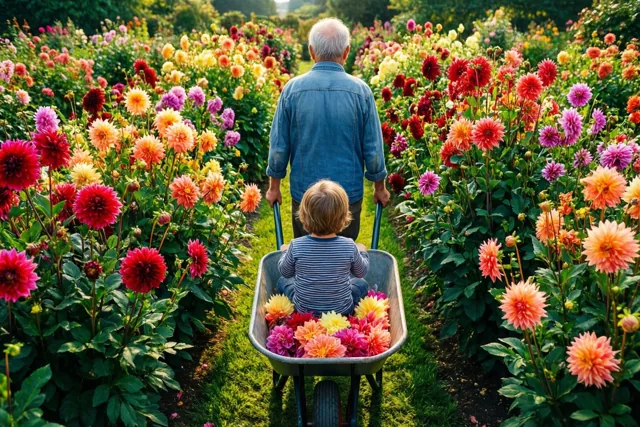 Een oudere man met wit haar duwt een klein kind in een kruiwagen door een zonnige tuin met kleurrijke dahlia's.