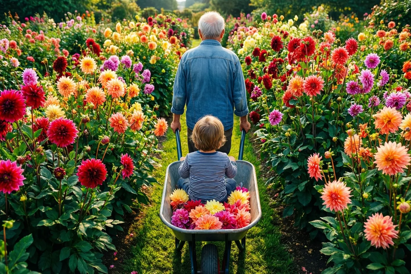 Een oudere man met wit haar duwt een klein kind in een kruiwagen door een zonnige tuin met kleurrijke dahlia's.