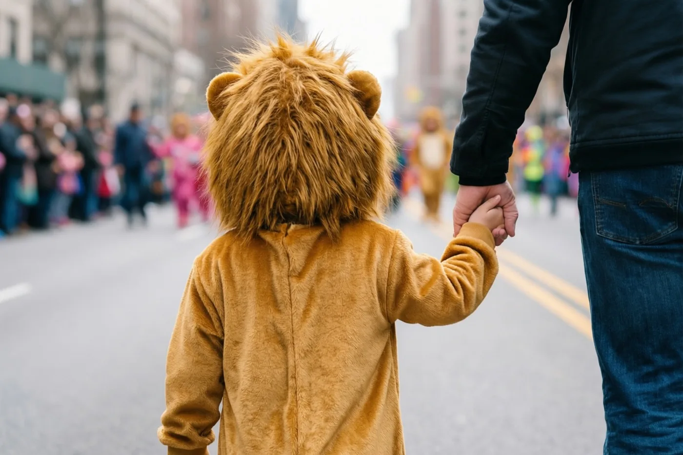 Een kind in een leeuwenpak loopt van achteren gezien hand in hand met een volwassene in een straatoptocht, met wazige toeschouwers en gebouwen op de achtergrond.