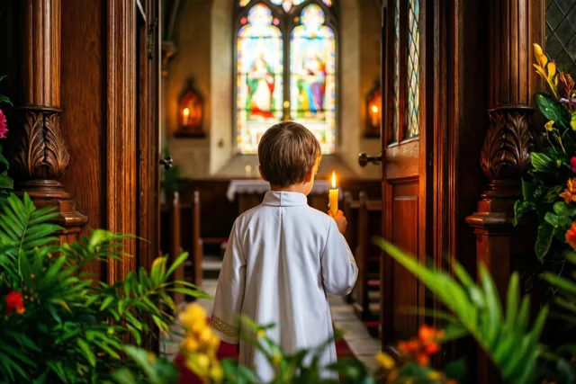 Een jong kind in een wit gewaad staat met de rug naar de kijker en een brandende kaars in een kerkgang, met licht door glasramen en groene planten op de voorgrond.