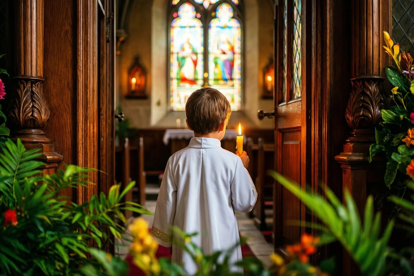 Een jong kind in een wit gewaad staat met de rug naar de kijker en een brandende kaars in een kerkgang, met licht door glasramen en groene planten op de voorgrond.