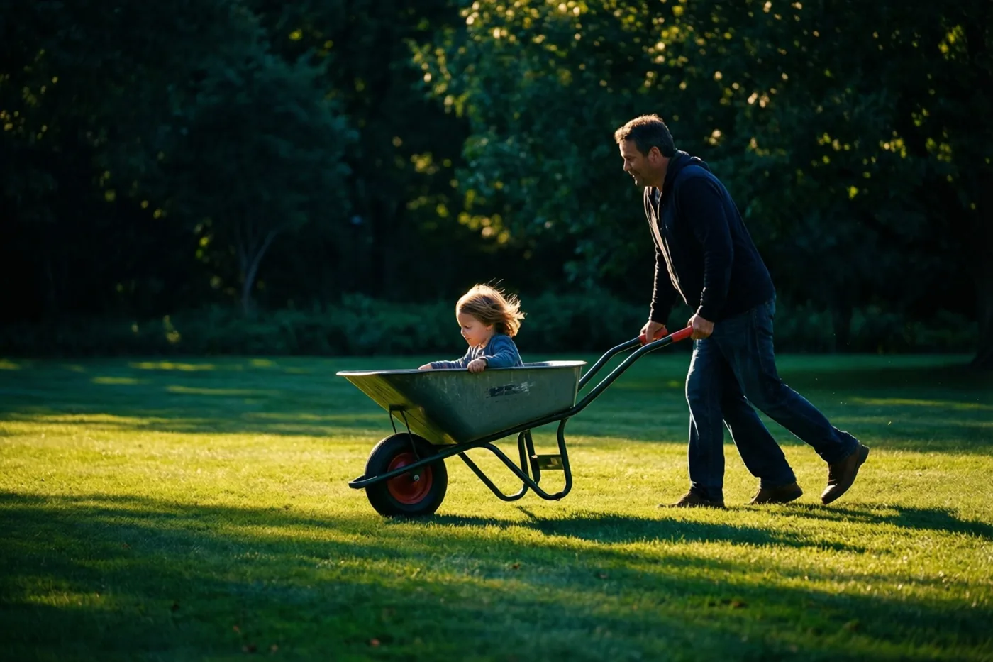 Een jong kind zit in een metalen kruiwagen die door een man over een zonnig groen gazon wordt geduwd, met bomen op de achtergrond.