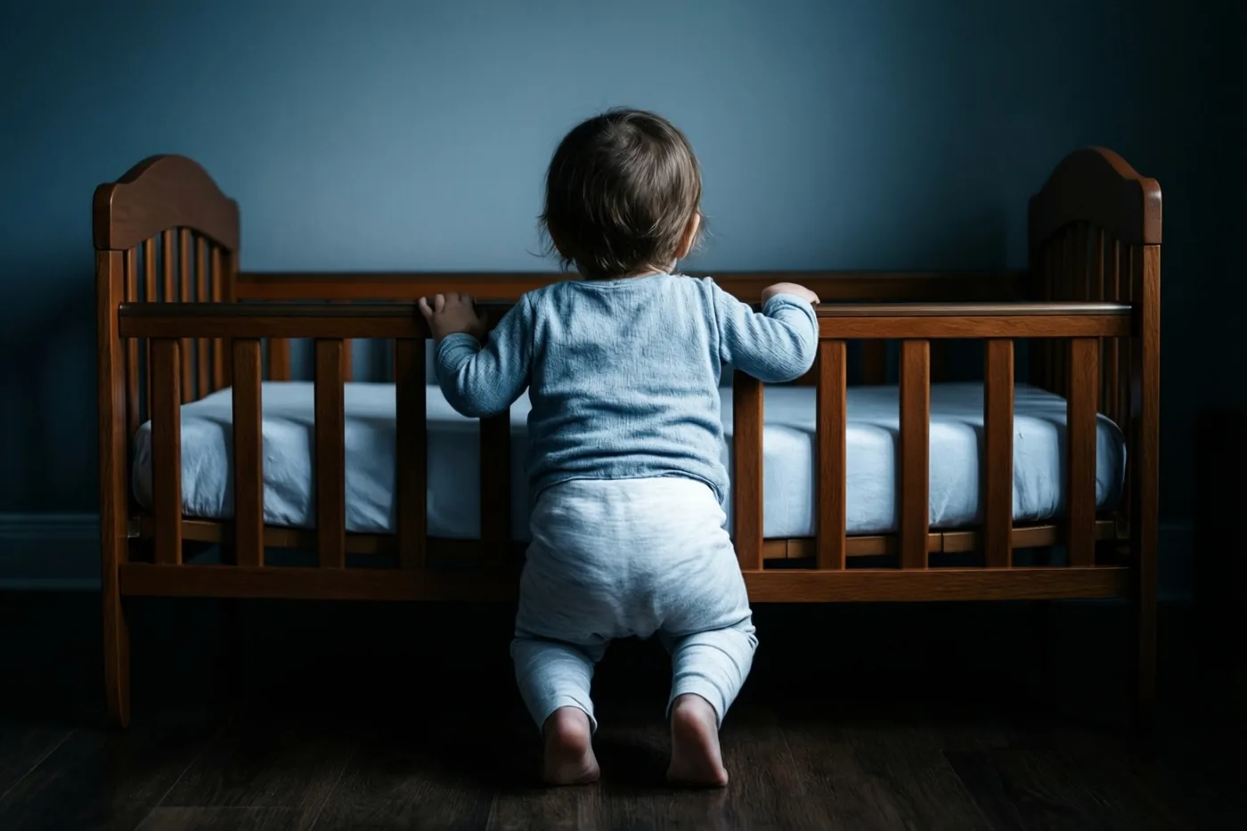 Een klein kind in een lichtblauwe pyjama staat van achteren gezien op de tenen en houdt de houten spijlen van een wieg vast, in een schemerige kamer met donkerblauwe muren en een donkere houten vloer.