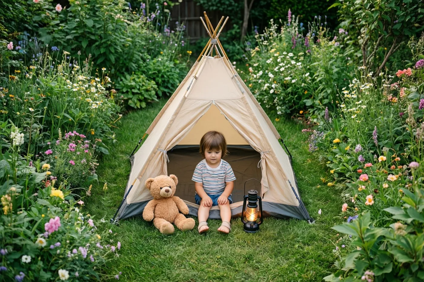 Een jong kind zit in een beige tipitent in een groene zomertuin met kleurrijke veldbloemen, met een bruine teddybeer en een brandende lantaarn bij de ingang.