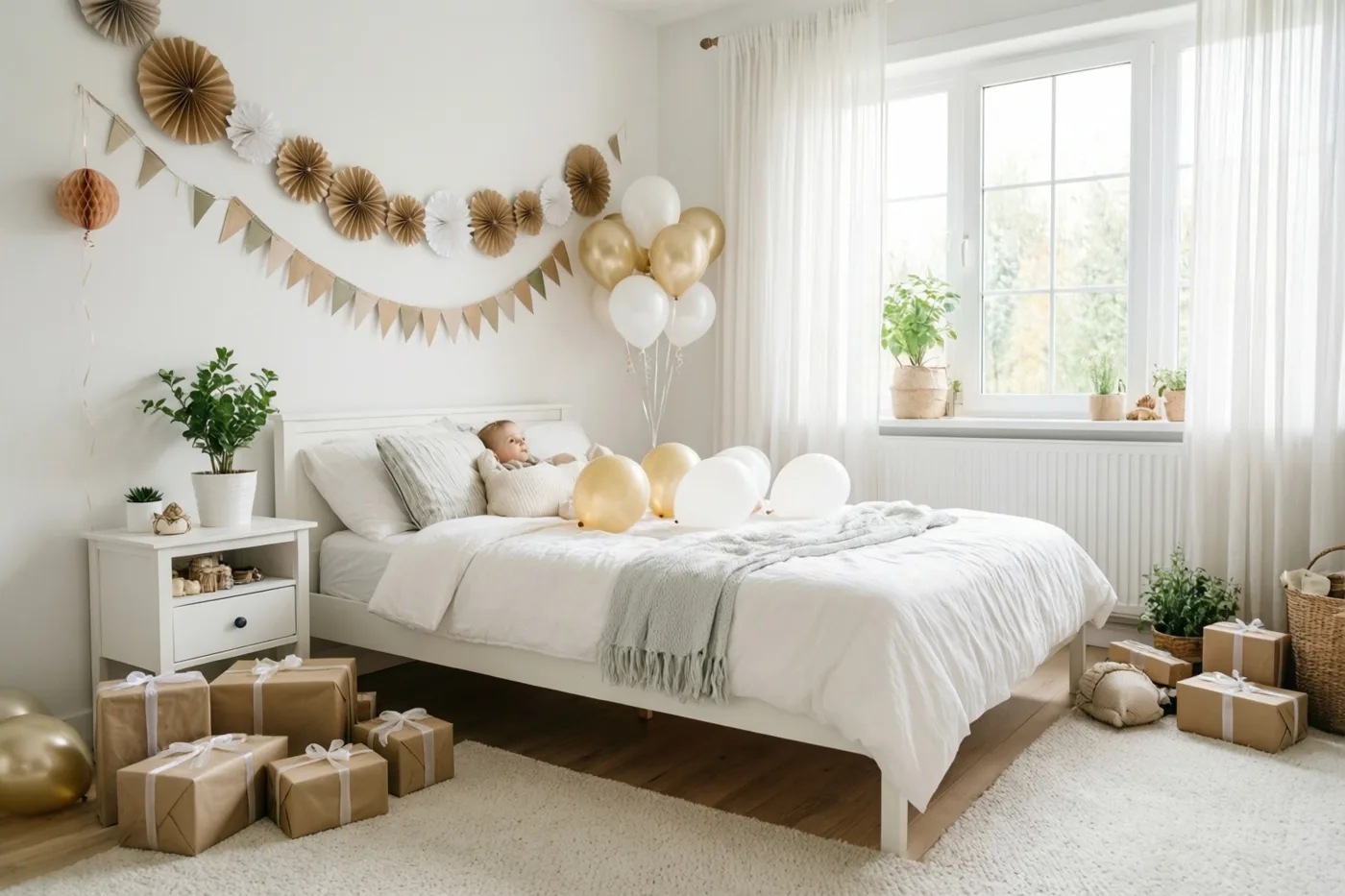 Een kind ligt op een bed in een lichte slaapkamer met papieren slingers, ballonnen en ingepakte cadeaus op een houten vloer, met witte muren en daglicht door een raam.
