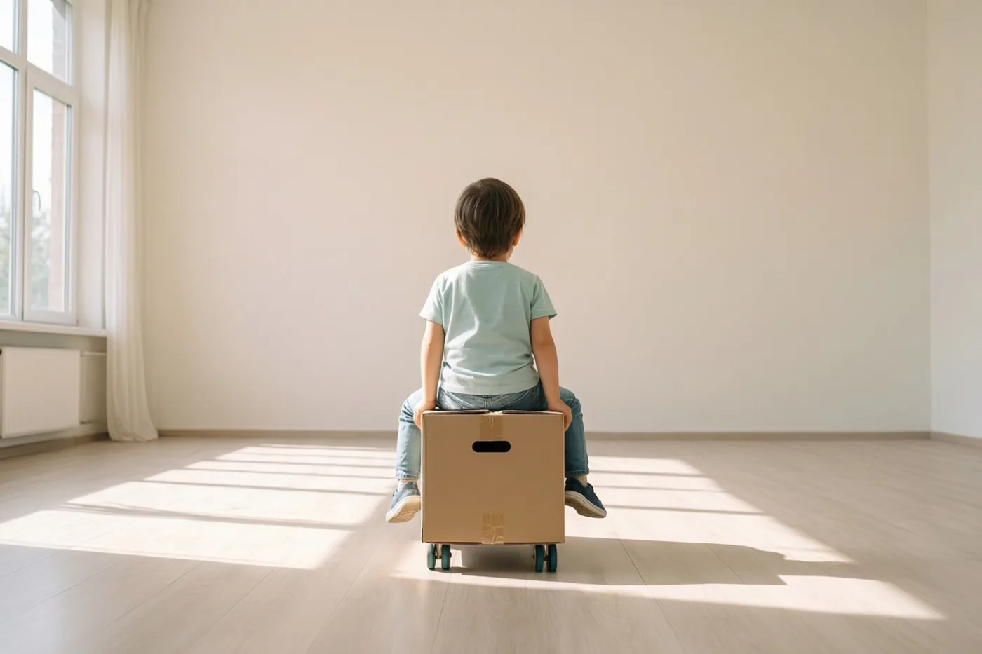 Een klein kind zit met de rug naar de kijker op een kartonnen doos met wielen in een ruime lege kamer met een lichte houten vloer en zonlicht dat van links strepen op de vloer werpt.