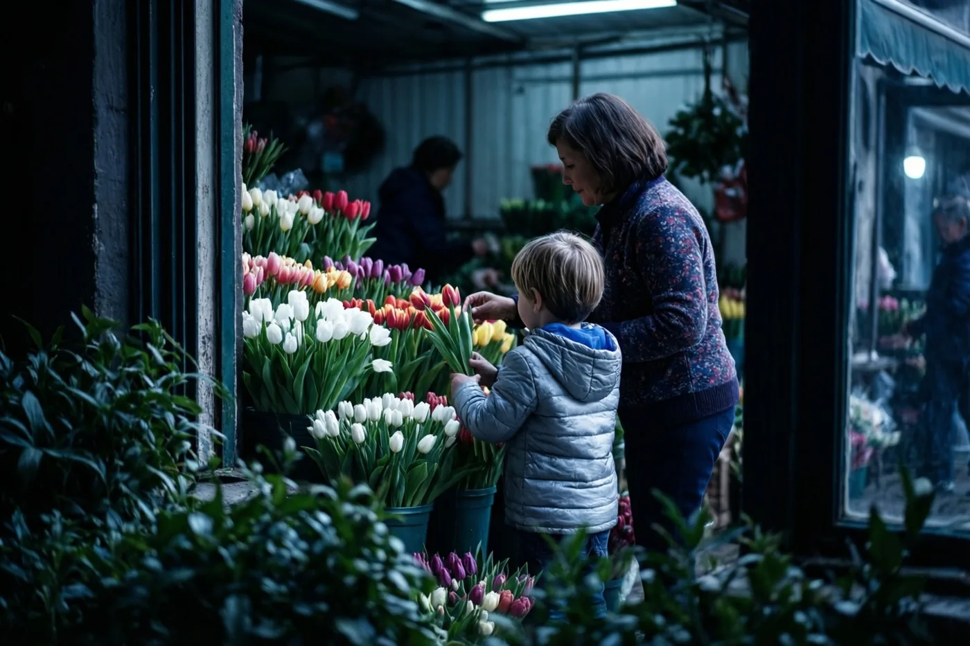 Een kind in een zilverkleurige jas reikt naar tulpen aan een bloemenkraam in een schemerige bloemenwinkel terwijl een volwassen vrouw toekijkt.