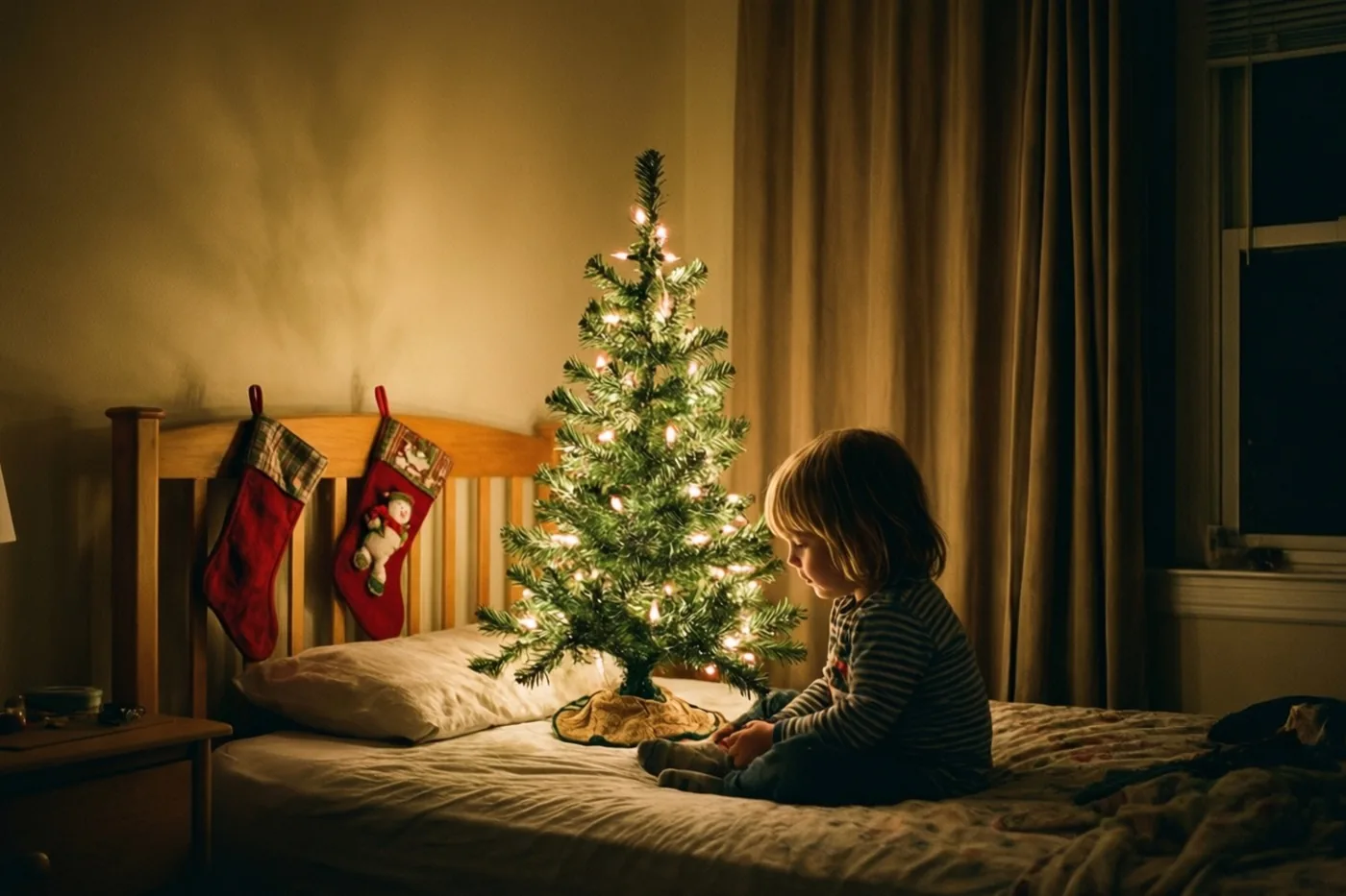 Een kind zit 's nachts op bed en kijkt naar een klein verlicht kerstboompje, met rode kerstsokken aan de houten bedstijl en een raam met gordijnen op de achtergrond.