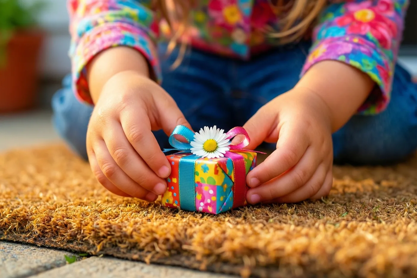 Een kind in een kleurrijk bloemenhemd en een blauwe jeans legt met beide handen een klein, fel ingepakt cadeautje met lint en madeliefje op een bruine deurmat.