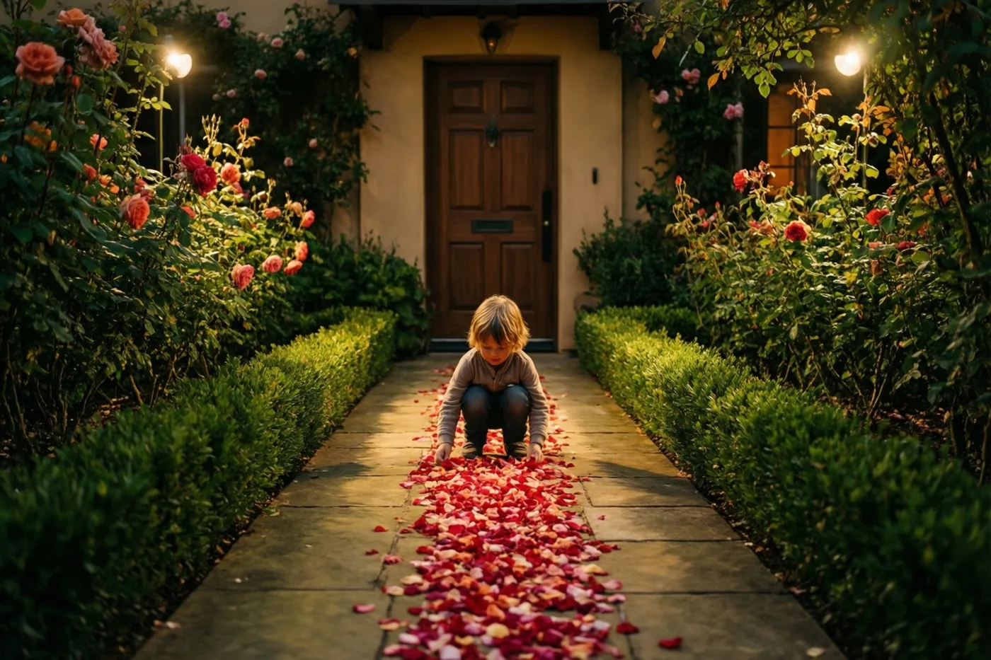 Een jong kind hurkt op een stenen tuinpad en legt rode en roze rozenblaadjes richting een houten voordeur, tussen rozenstruiken en gesnoeide hagen in warme buitenverlichting.