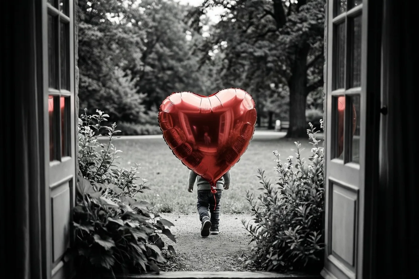 Door een open deuropening is een kind van achteren te zien dat met een grote rode hartvormige ballon over een parkpad wegloopt, tegen een zwart-witte achtergrond.