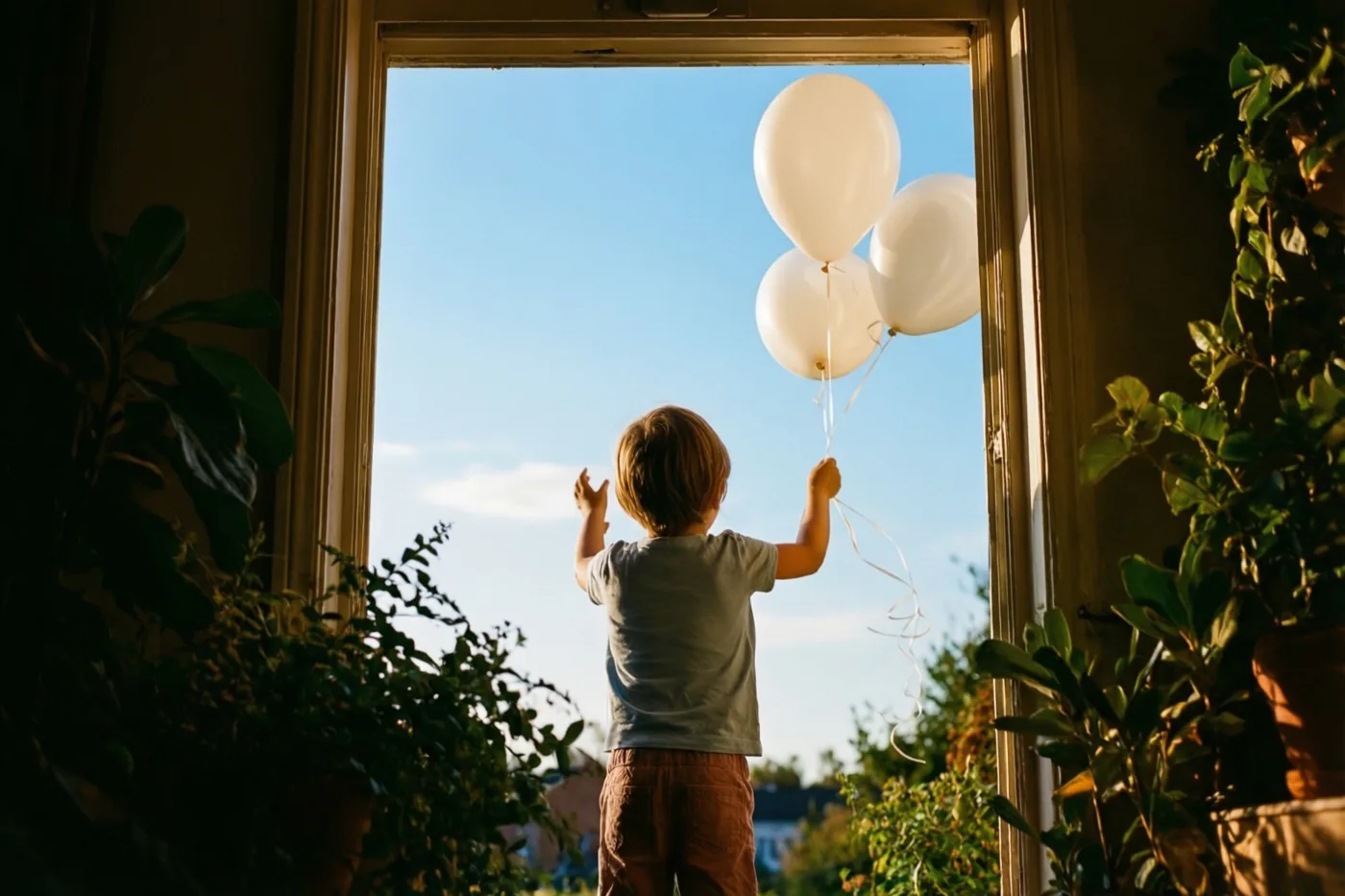 Een jong kind staat met de rug naar de kijker bij een raam, houdt witte ballonnen vast en kijkt naar de blauwe hemel tussen kamerplanten in warm zonlicht.