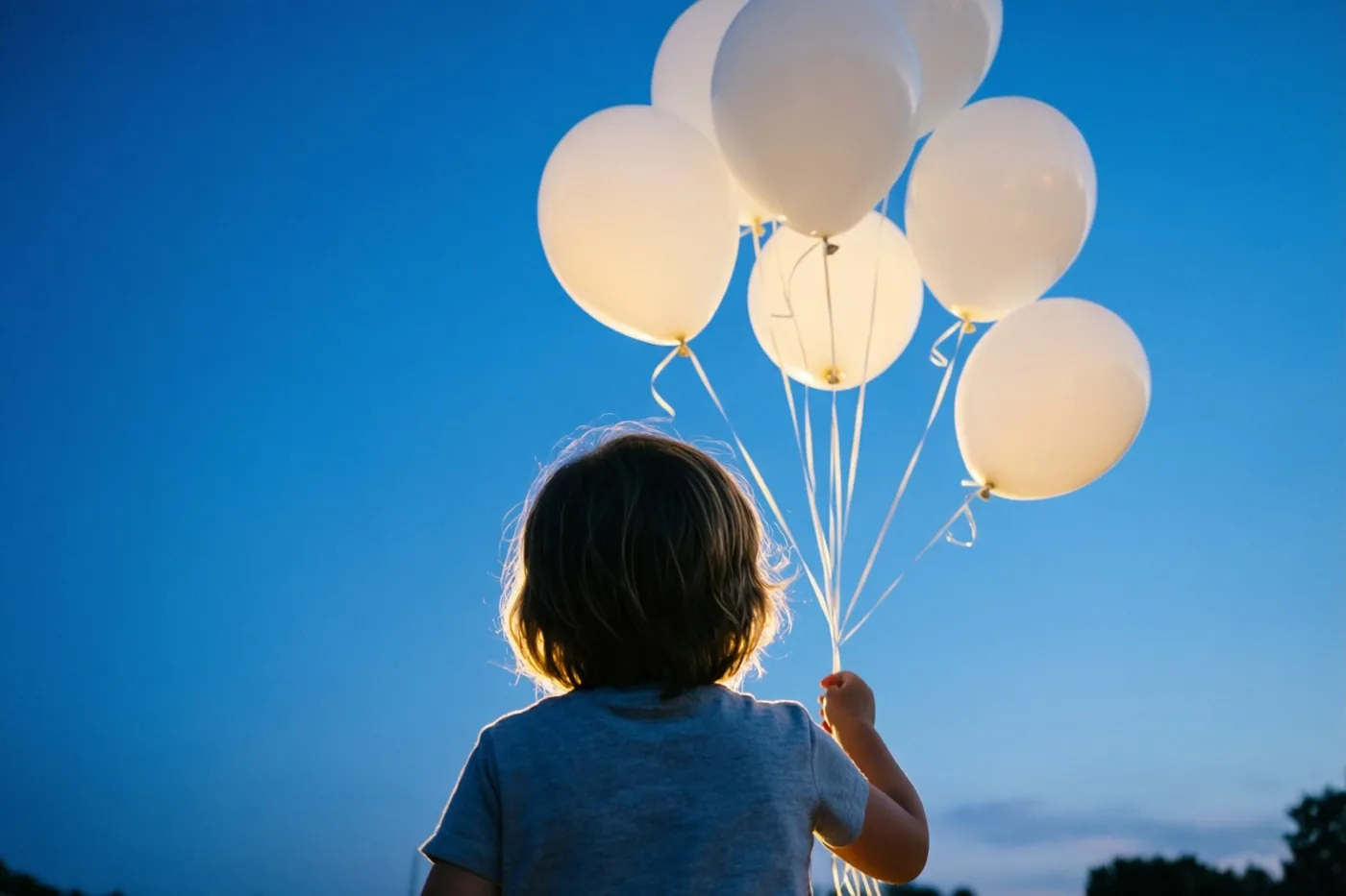 Een kind houdt met de rug naar de kijker witte ballonnen vast tegen een blauwe hemel in warm tegenlicht.