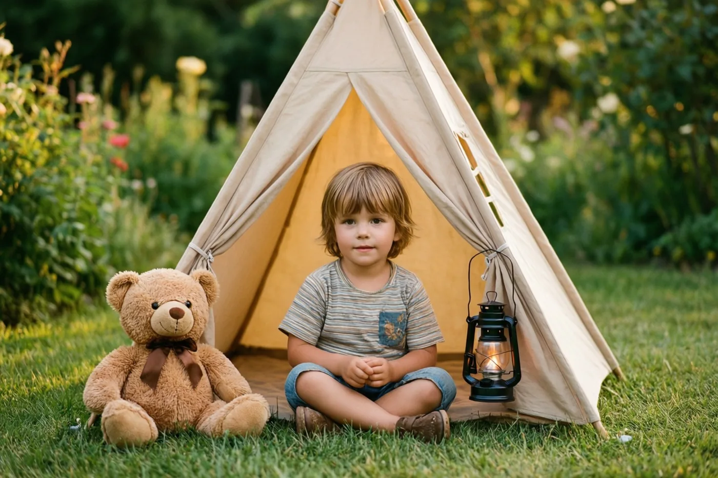 Een jong kind zit in kleermakerszit in een beige tipitent in een groene tuin, met links een bruine teddybeer en rechts een brandende lantaarn in warm zonlicht.