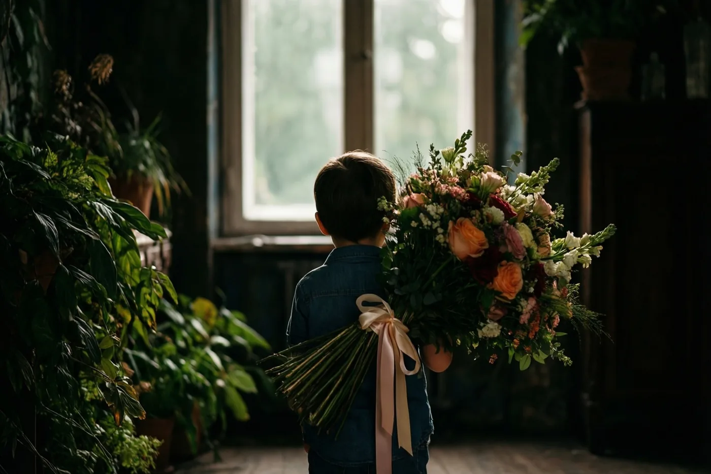Een klein kind staat met de rug naar de camera in een schemerige kamer met veel groene planten en een raam, en houdt een groot kleurrijk boeket met een lichtroze lint vast.