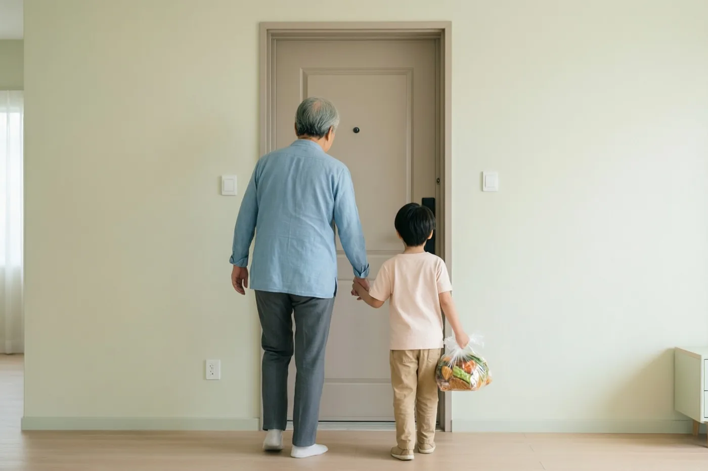 Een oudere persoon en een klein kind lopen hand in hand naar een gesloten deur in een lichte ruimte met houten vloer, terwijl het kind een plastic zak boodschappen draagt.