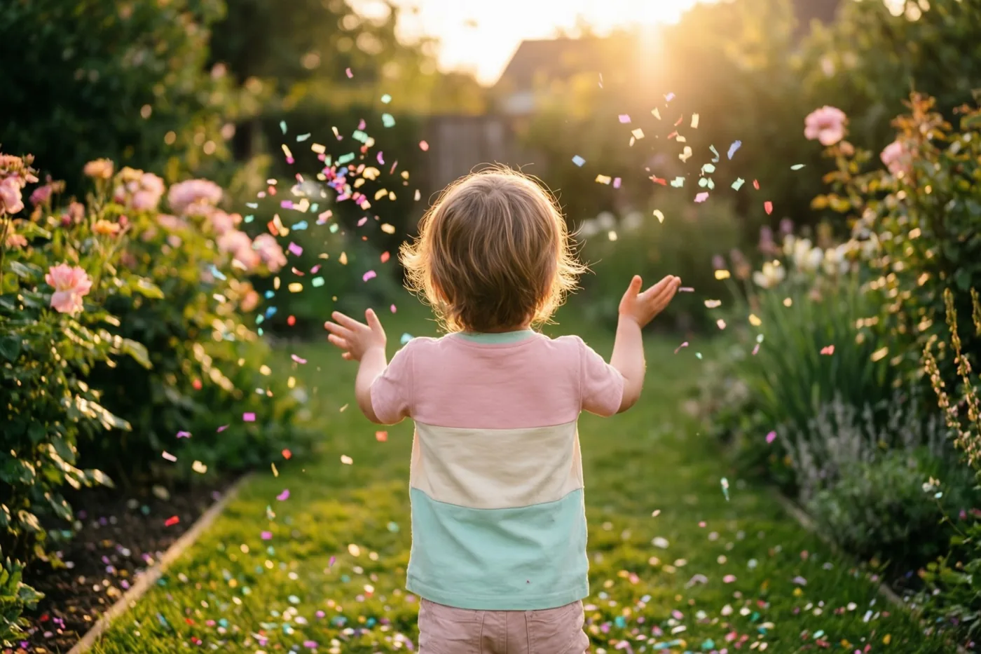 Een klein kind met licht haar gooit met de rug naar de camera kleurrijke confetti in een groene tuin bij zonsondergang, met roze en groene bloemen op de achtergrond.