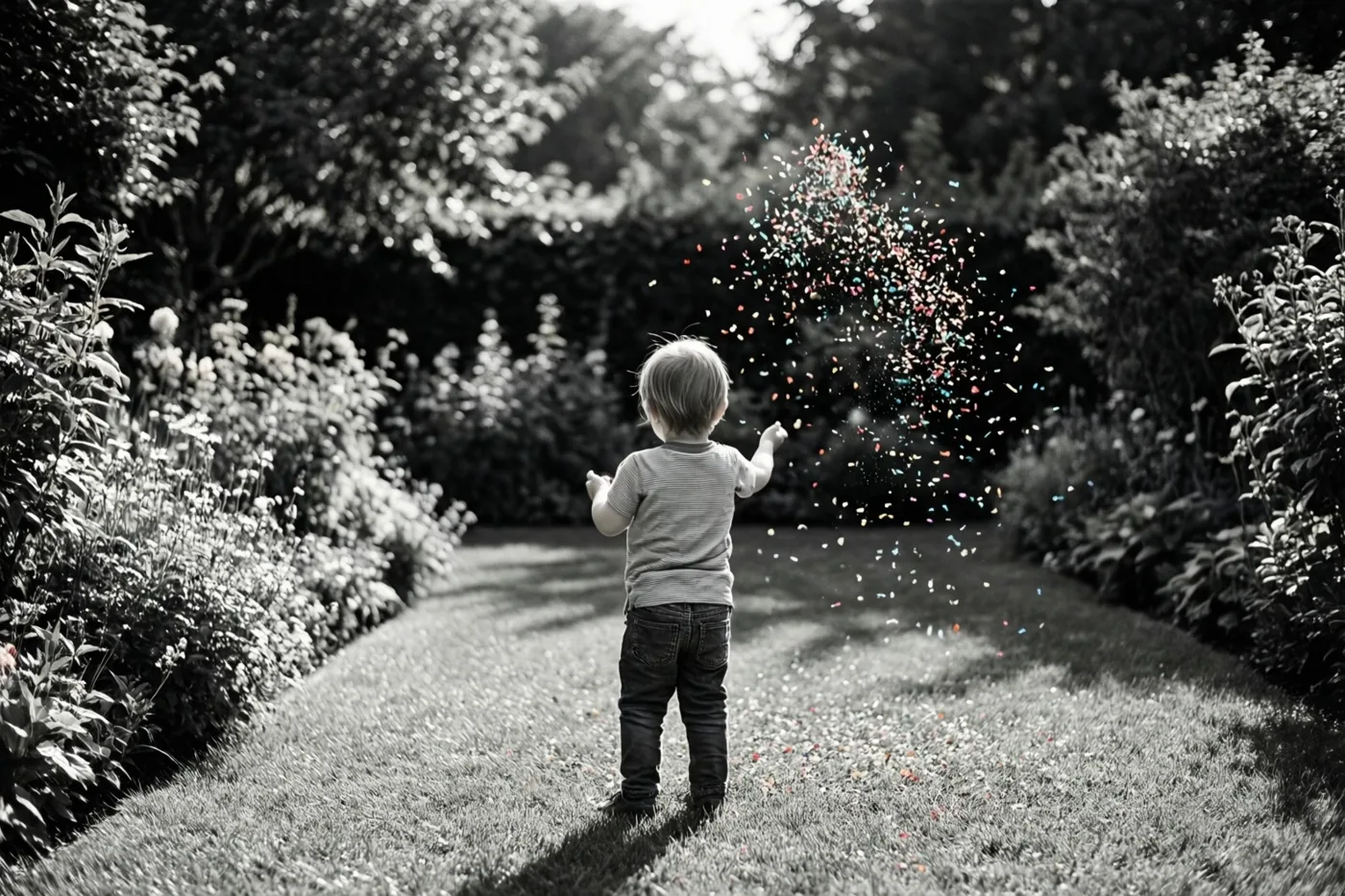 Een klein kind staat met de rug naar de camera op een tuinpad en gooit kleurrijke confetti in de lucht in een verder zwart-wit beeld.