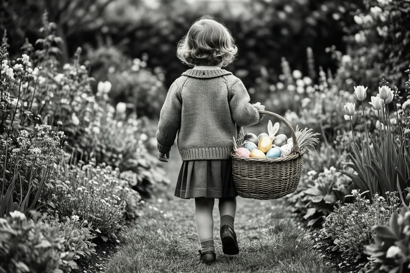Een jong kind in een gebreid vest in jaren-vijftigstijl loopt van de camera weg over een tuinpad met een mand versierde eieren, in verbleekte monochrome tinten met onscherpe bloemen eromheen.