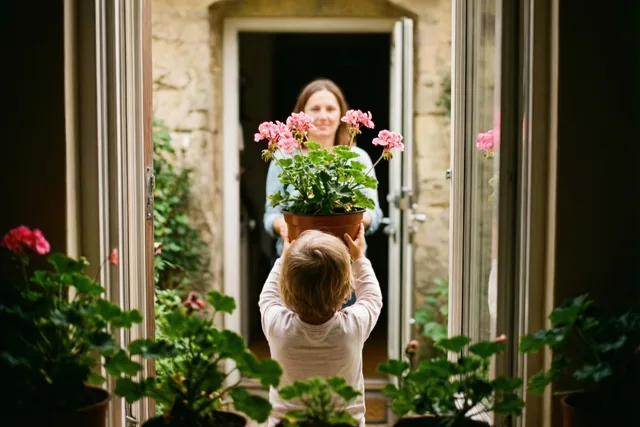 Een klein kind, van achteren gezien, houdt een pot met een roze geranium omhoog naar zijn moeder in een deuropening aan een zonnige stenen binnenplaats met groen.