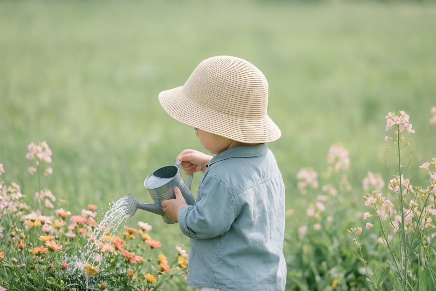 Een klein kind met een zonnehoed geeft bloemen in een veld water met een piepkleine metalen gieter, van achteren gezien bij zacht daglicht.