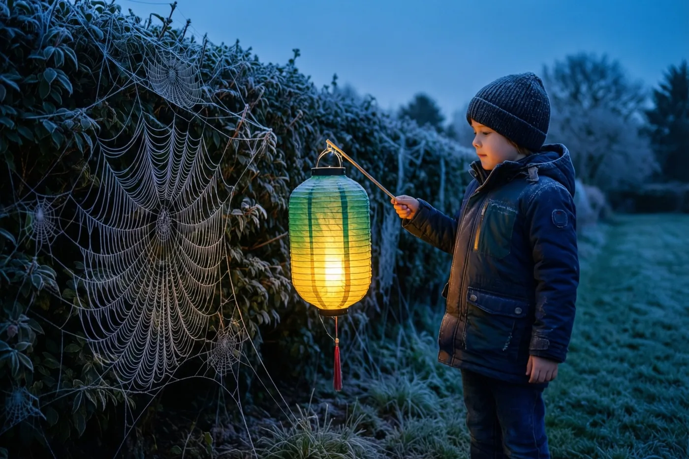 Een kind in een winterjas en muts houdt bij schemering een brandende groen-gele papieren lantaarn aan een stok naast een berijpt spinnenweb in een tuinhaag.