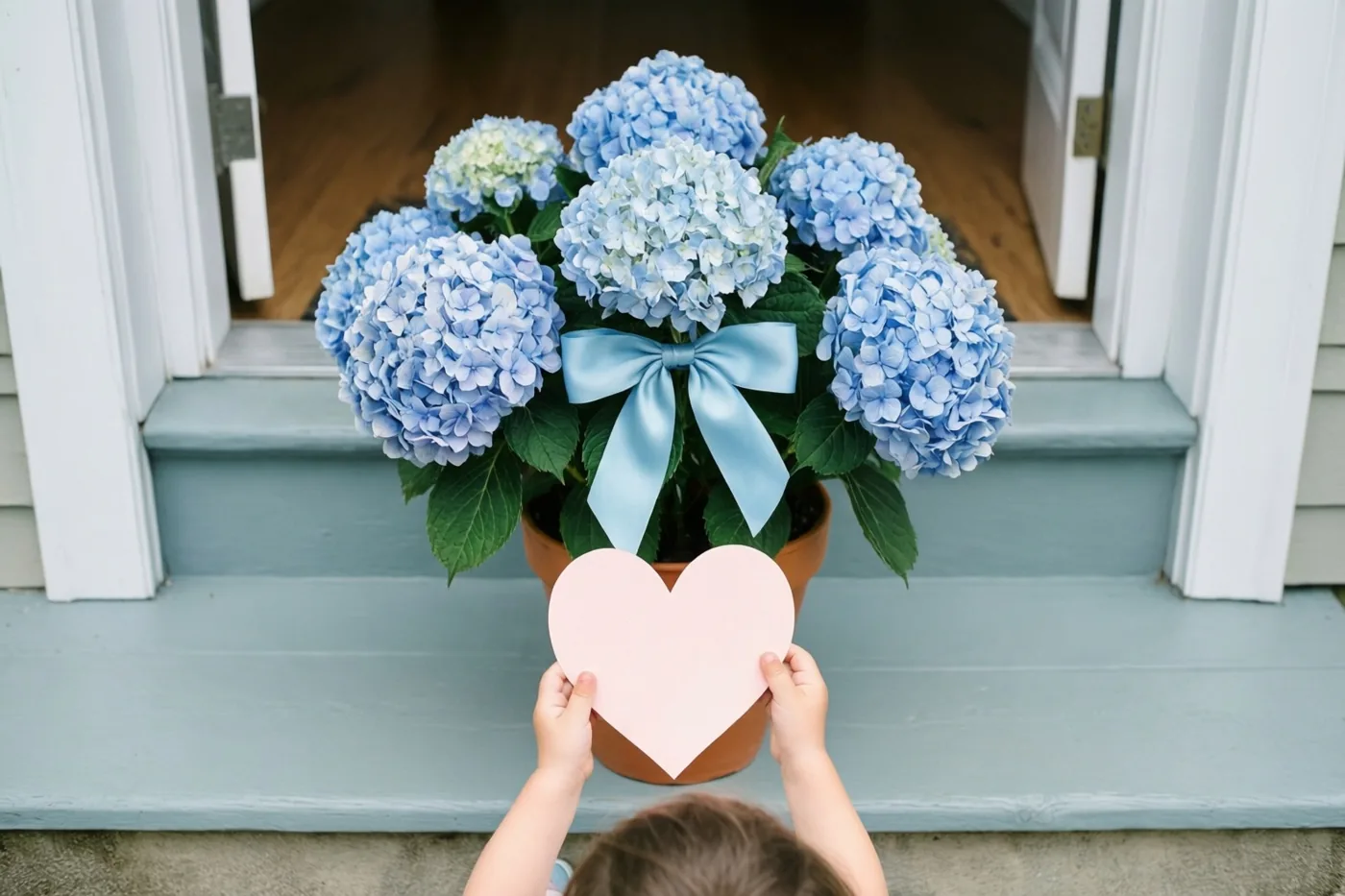 Een kind houdt een roze papieren hart voor een blauwe hortensia met een lichtblauw lint op een lichtblauwe voordeurtrede.