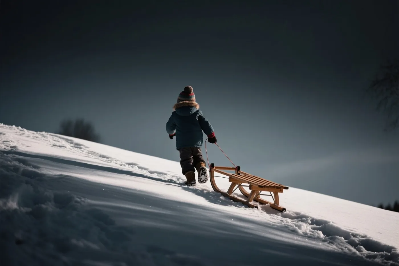 Een kind met een winterjas en muts trekt een houten slee een besneeuwde helling op onder een donkere hemel, gezien van achteren.