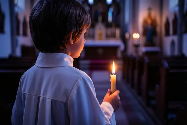 Een jong kind in een wit gewaad staat van achteren gezien met een brandende kaars in een donkere kerk met warm kaarslicht en koele blauwe tinten.