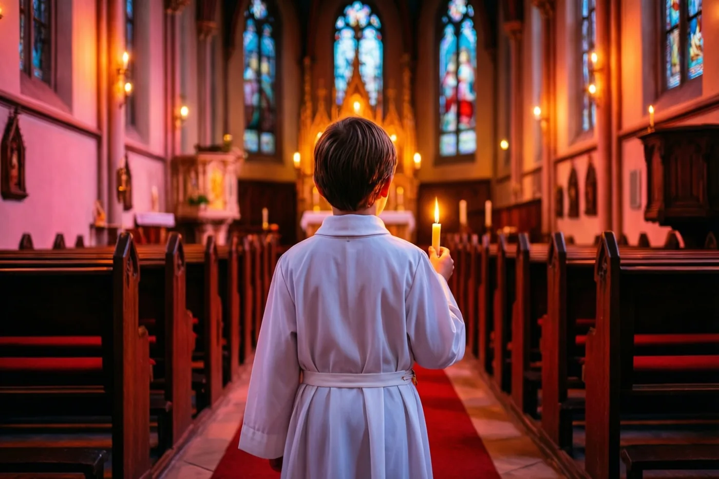 Een kind in een wit gewaad loopt van achteren gezien met een brandende kaars over een rode loper in een kerk met glasramen en warm oranje en rood licht.