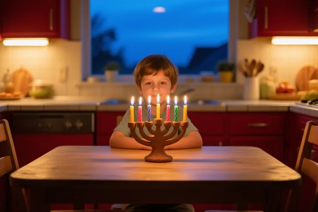 Een jong kind kijkt aan een houten keukentafel naar een kleikandelaar met zeven brandende gekleurde kaarsen, met rode keukenkasten en een blauwe schemerlucht achter het raam.