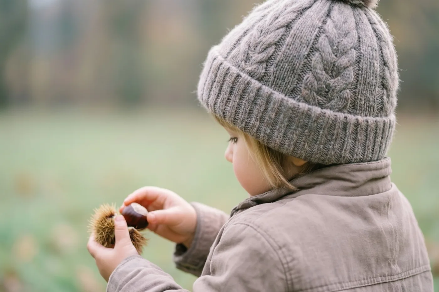 Een jong kind met een grijze gebreide muts is van achteren te zien en houdt een kastanje en de stekelige bolster vast, met een wazig groen veld op de achtergrond.