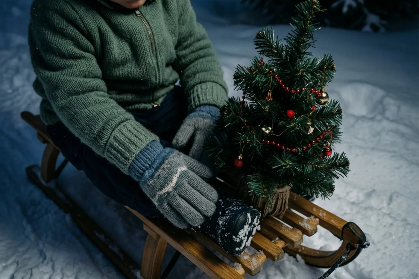 Een kind in een groene gebreide trui en grijze gebreide wanten zit op een houten slee in de sneeuw en houdt een klein versierd kerstboompje vast.
