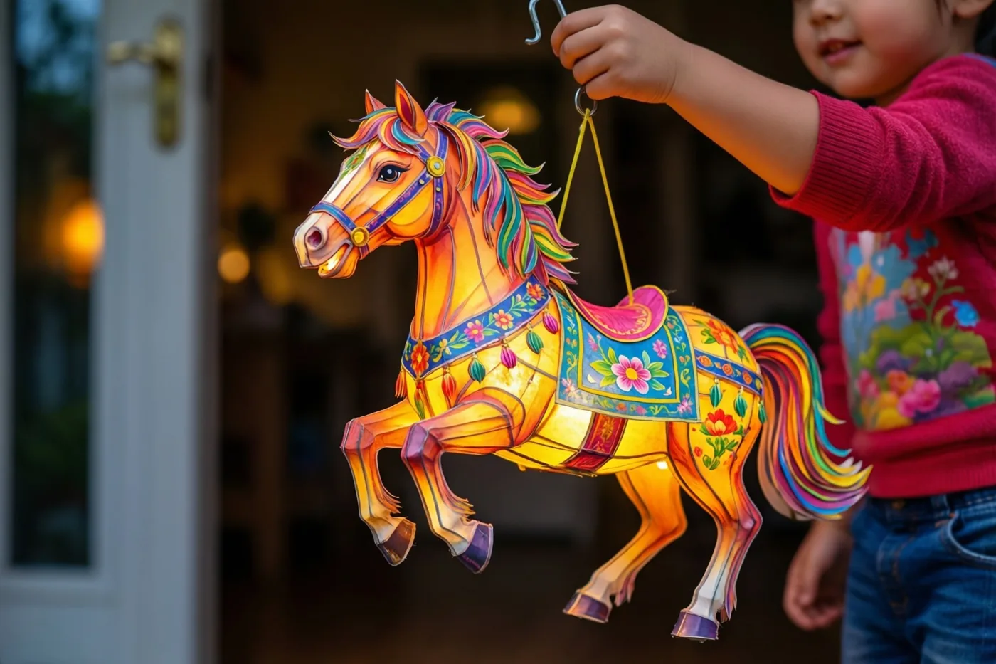 Een kind houdt een felgekleurde, lichtgevende papieren paardenlantaarn aan een haak bij een deur, in warm geel en oranje licht.