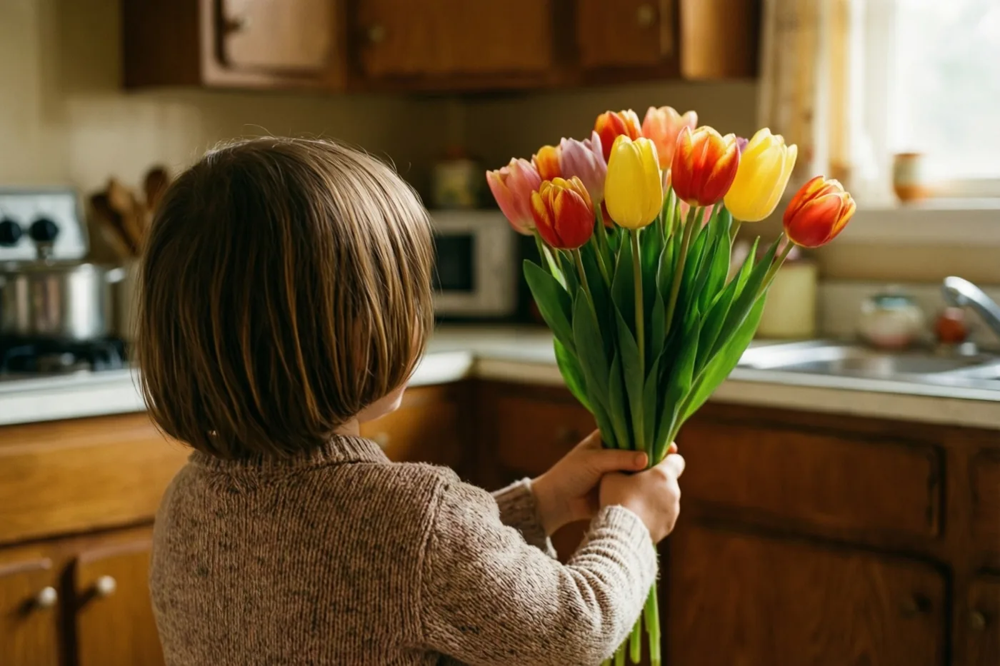 Een kind met kort bruin haar staat met de rug naar de camera en houdt rode, gele en roze tulpen vast in een keuken met houten kasten.