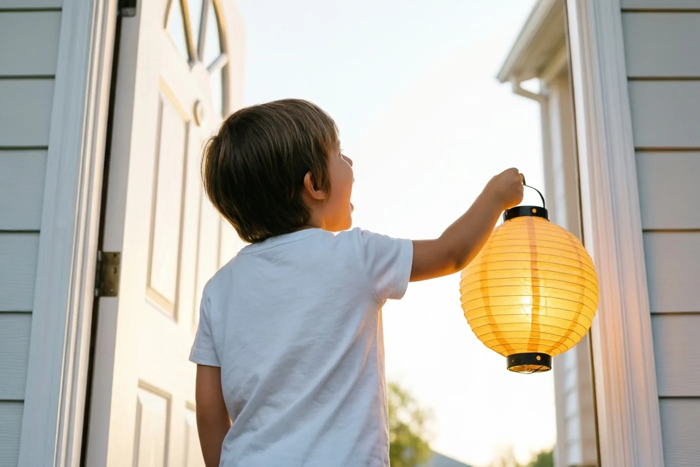 Een jong kind staat buiten met de rug naar de kijker aan een voordeur en houdt een lichtgevende papieren lantaarn vast in warm, goudkleurig zonlicht.